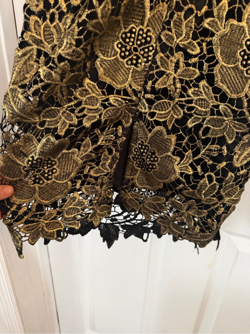 New York & Company Black and Gold Floral Lace Midi Sheath Dress - Picture 7 of 8